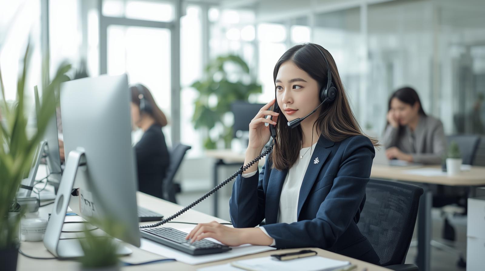 明るいオフィスで電話対応する20代日本人女性のイメージ