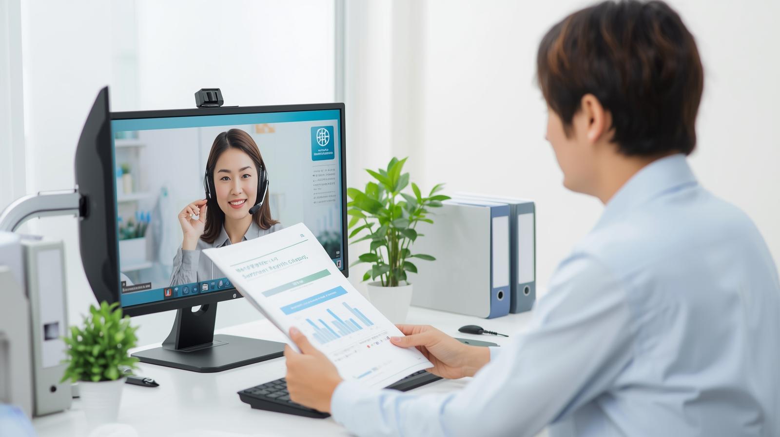 オンラインで顧客と打合せする若い女性とサポートする同僚のイメージ