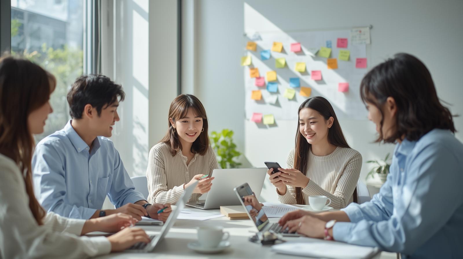 明るいオフィスで20代の日本人男女が集まり、ノートPCを見ながら打ち合わせをしている様子