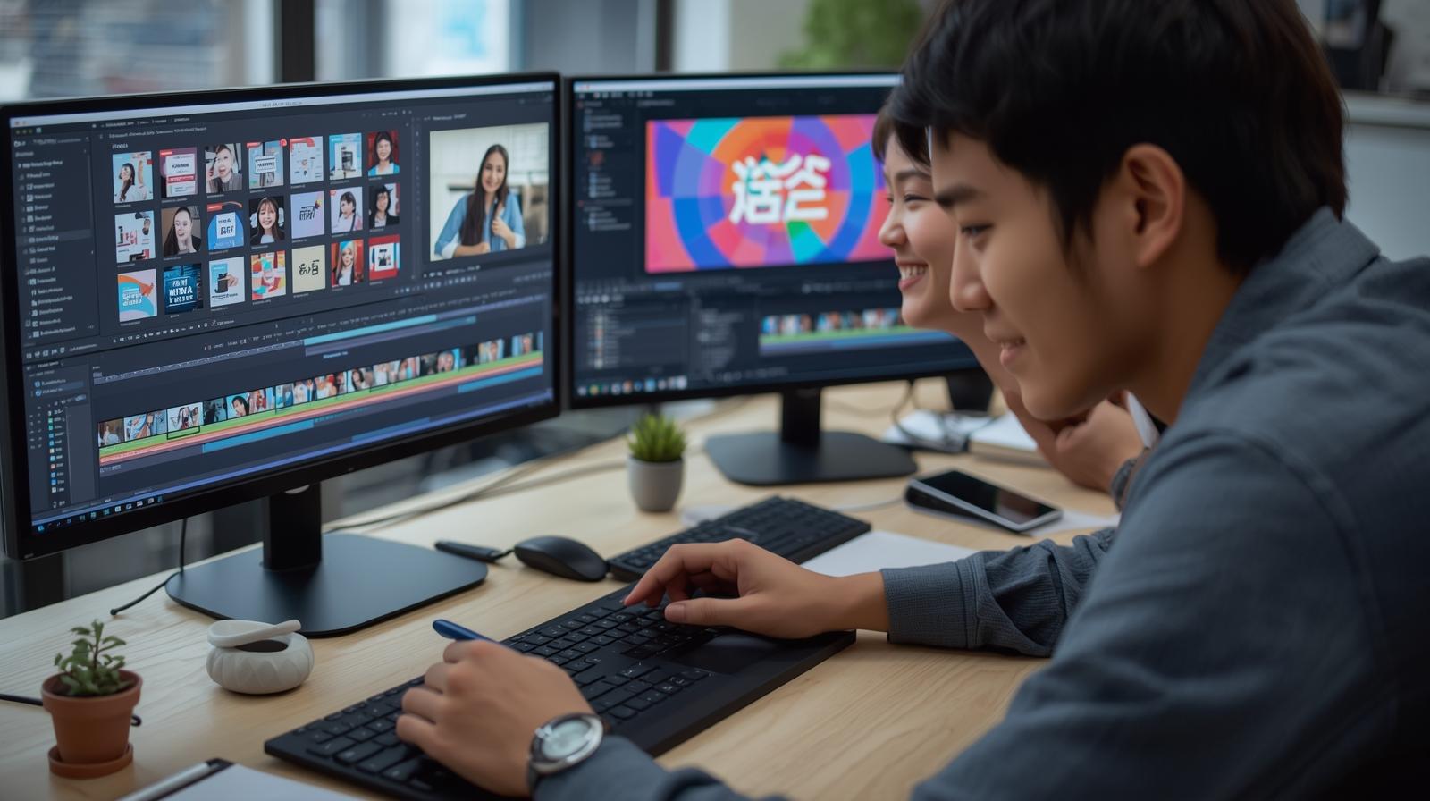 日本人女性が動画編集ソフトのタイムラインを操作し、日本人男性がIllustratorで鮮やかなロゴを制作している様子