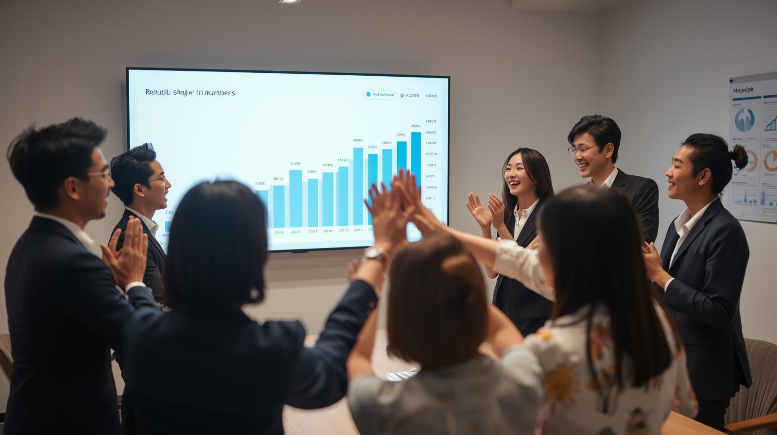 20代の日本人スタッフが大型モニターの前に集まり、成果グラフを見て拍手をしている様子