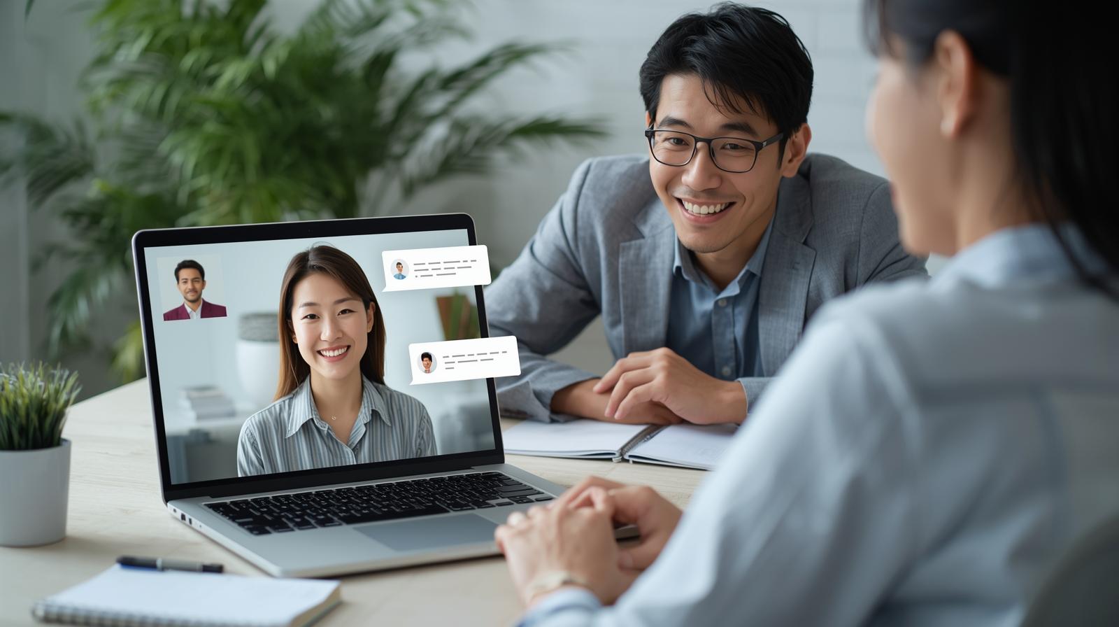 日本人女性がノートPC越しに顧客とオンライン会議をし、日本人男性が後ろからサポートしている様子